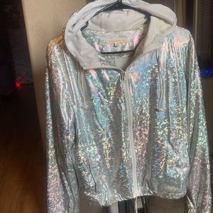 Shiny silver speckle of colors zip up